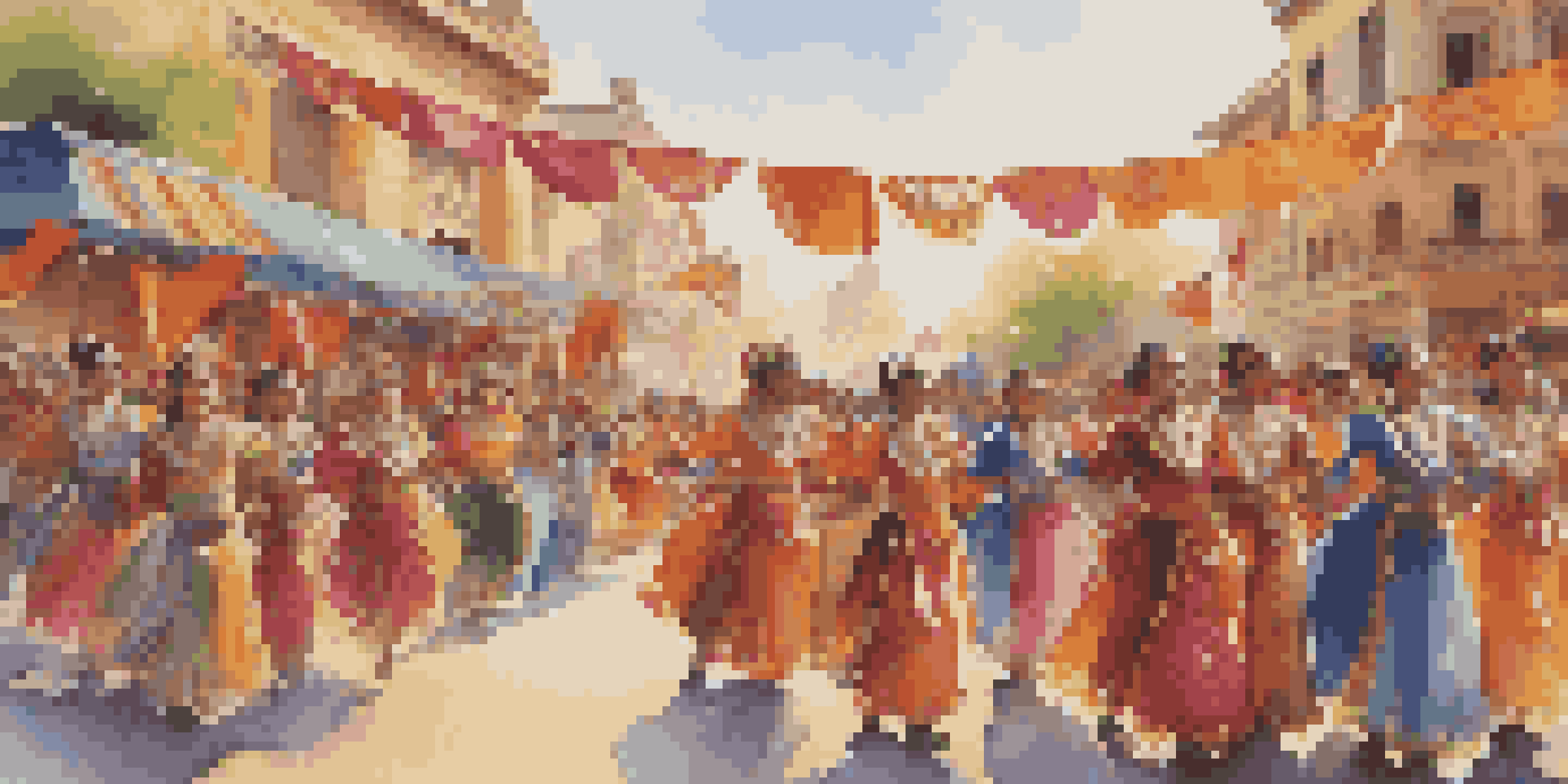 A lively cultural festival parade with dancers in colorful costumes and a crowd of excited spectators under warm golden light.