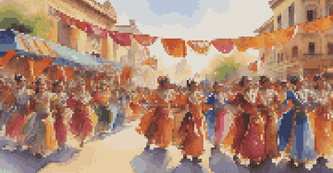 A lively cultural festival parade with dancers in colorful costumes and a crowd of excited spectators under warm golden light.