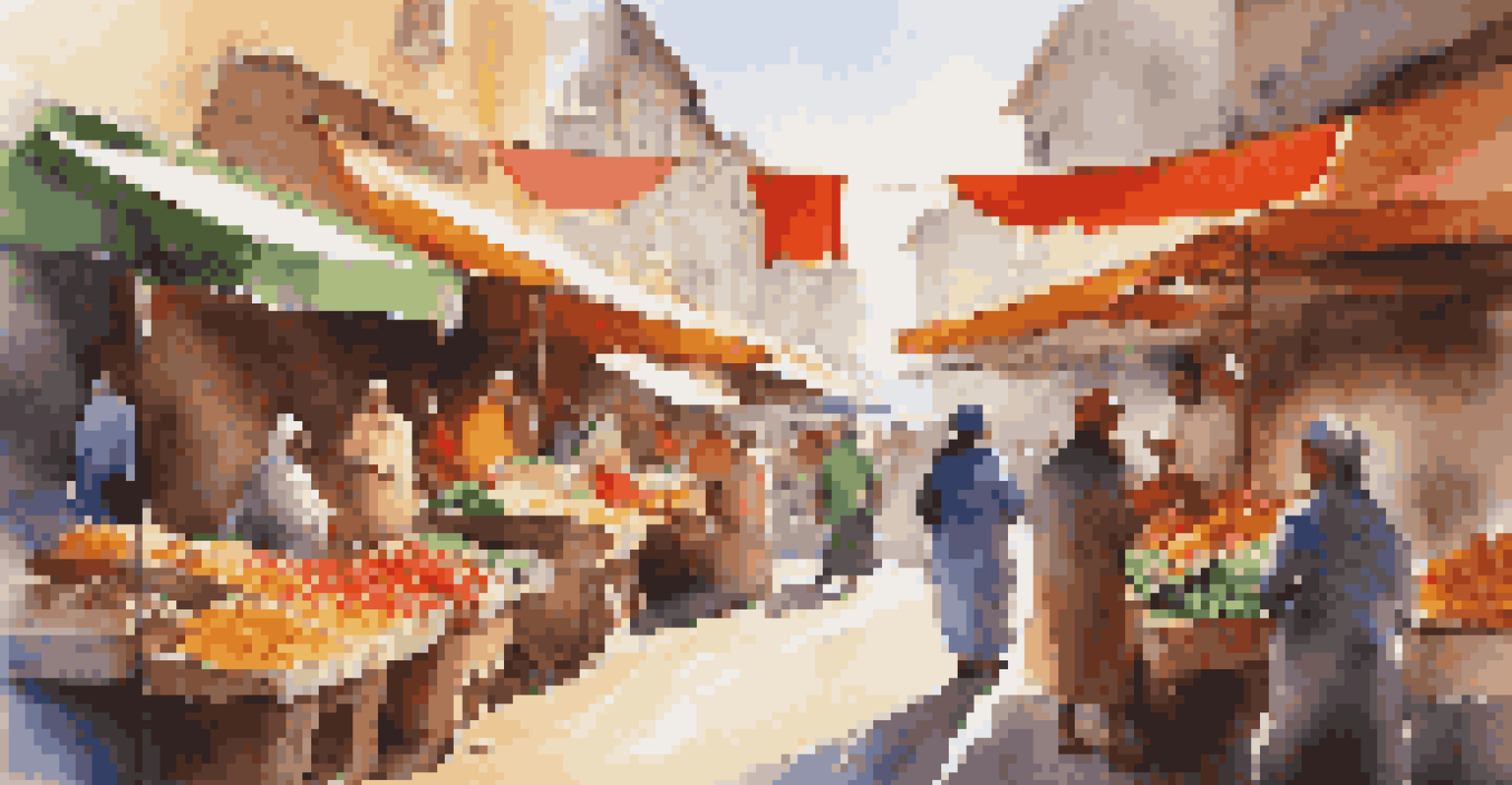 A lively street market with colorful stalls and people interacting.