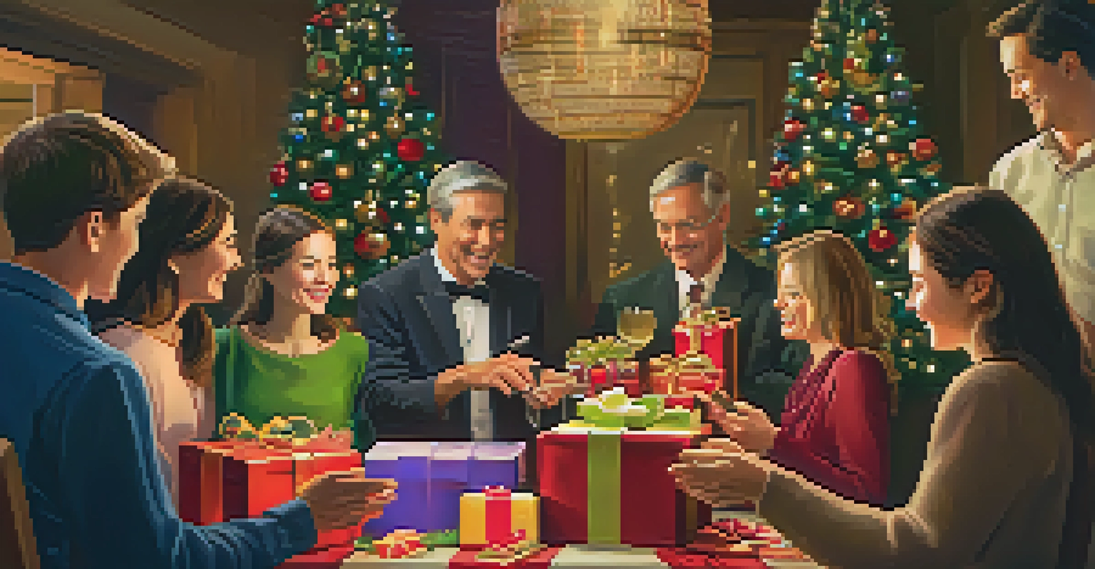 A festive gathering with guests exchanging gifts, showcasing joyful expressions and colorful decorations in a warm-lit environment.