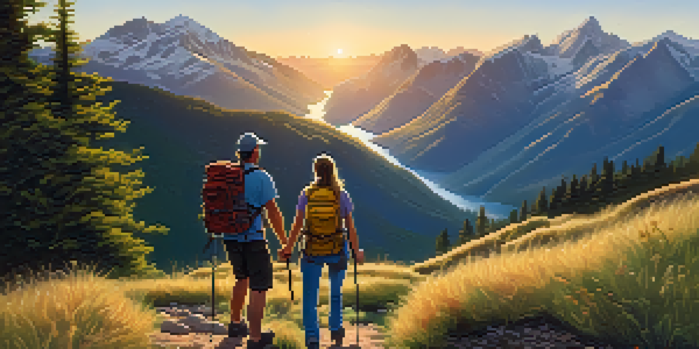 A couple enjoying a hike in the mountains during sunset, surrounded by trees and distant peaks.