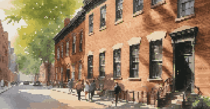 A historic brick building with trees and visitors in Lower Manhattan, illuminated by the afternoon sun.