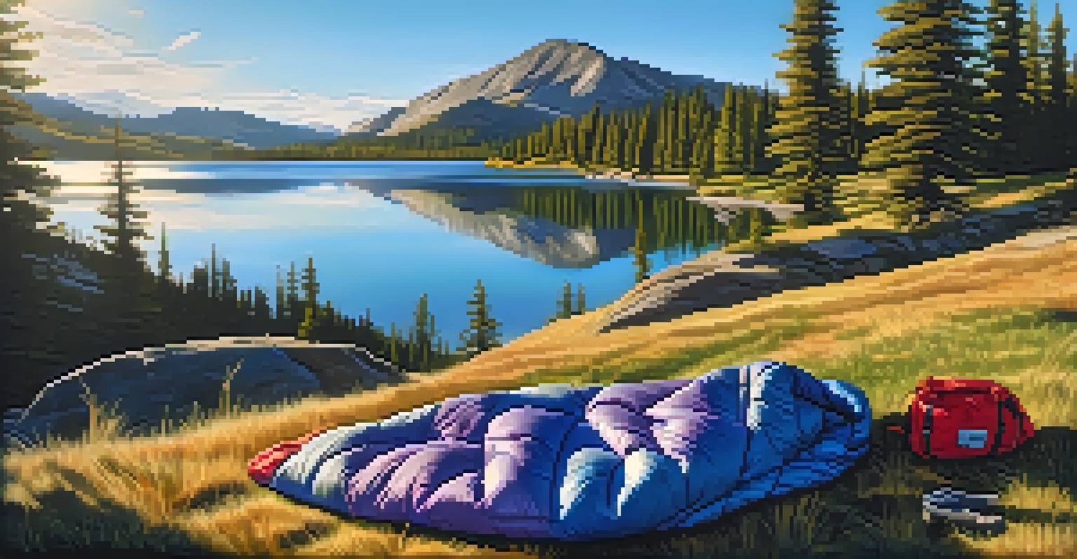 A sleeping bag on grass with a lake and mountains in the background, surrounded by hiking gear.