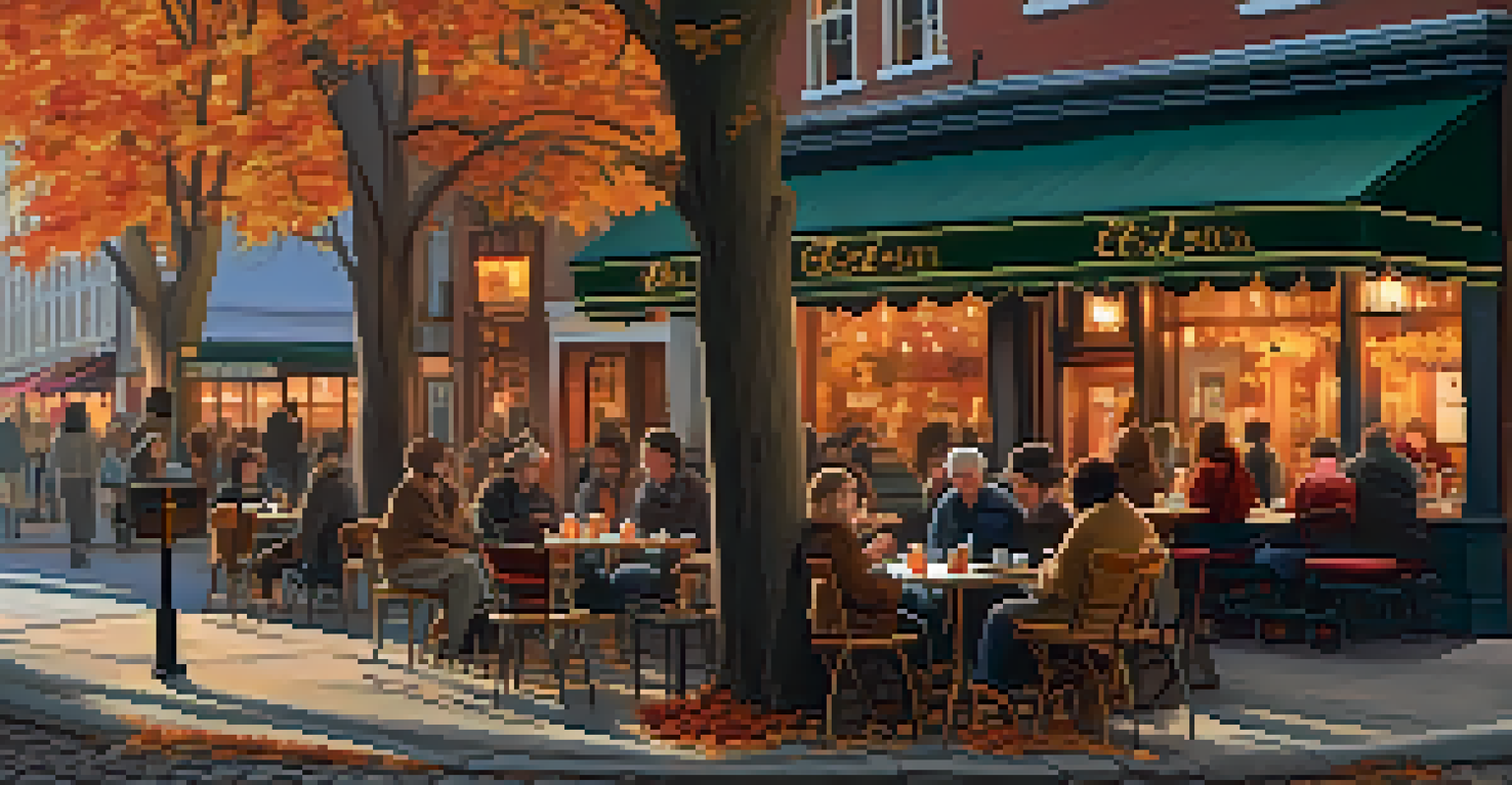 An inviting outdoor café in autumn with patrons enjoying drinks, surrounded by pumpkins and colorful leaves.