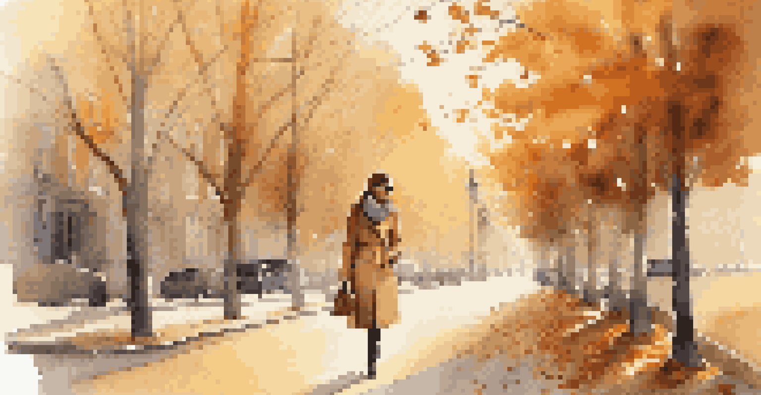 A woman wearing a trench coat and scarf, walking along a street with autumn leaves in warm sunset light.