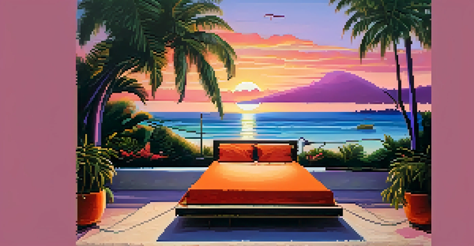 A luxurious private villa by the beach at sunset, surrounded by tropical plants and a hammock between palm trees.