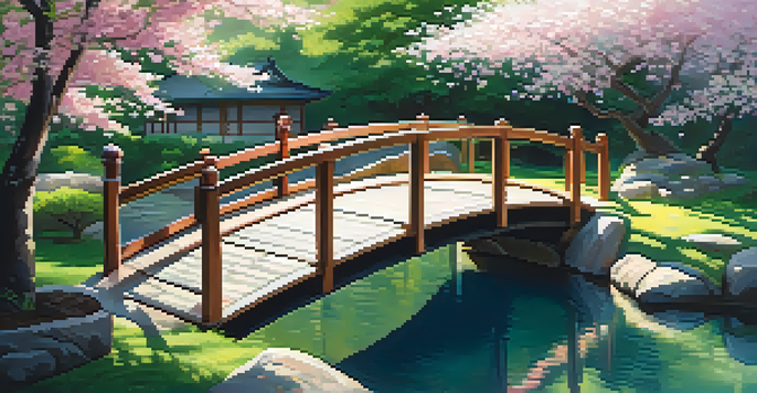 A peaceful Japanese garden featuring a wooden bridge over a koi pond, cherry blossom trees, and sunlight filtering through the leaves.