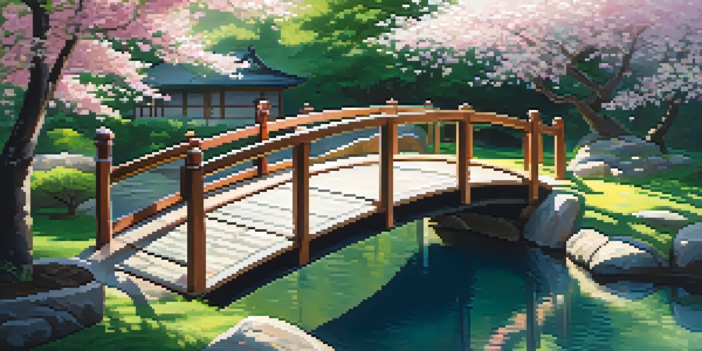 A peaceful Japanese garden featuring a wooden bridge over a koi pond, cherry blossom trees, and sunlight filtering through the leaves.