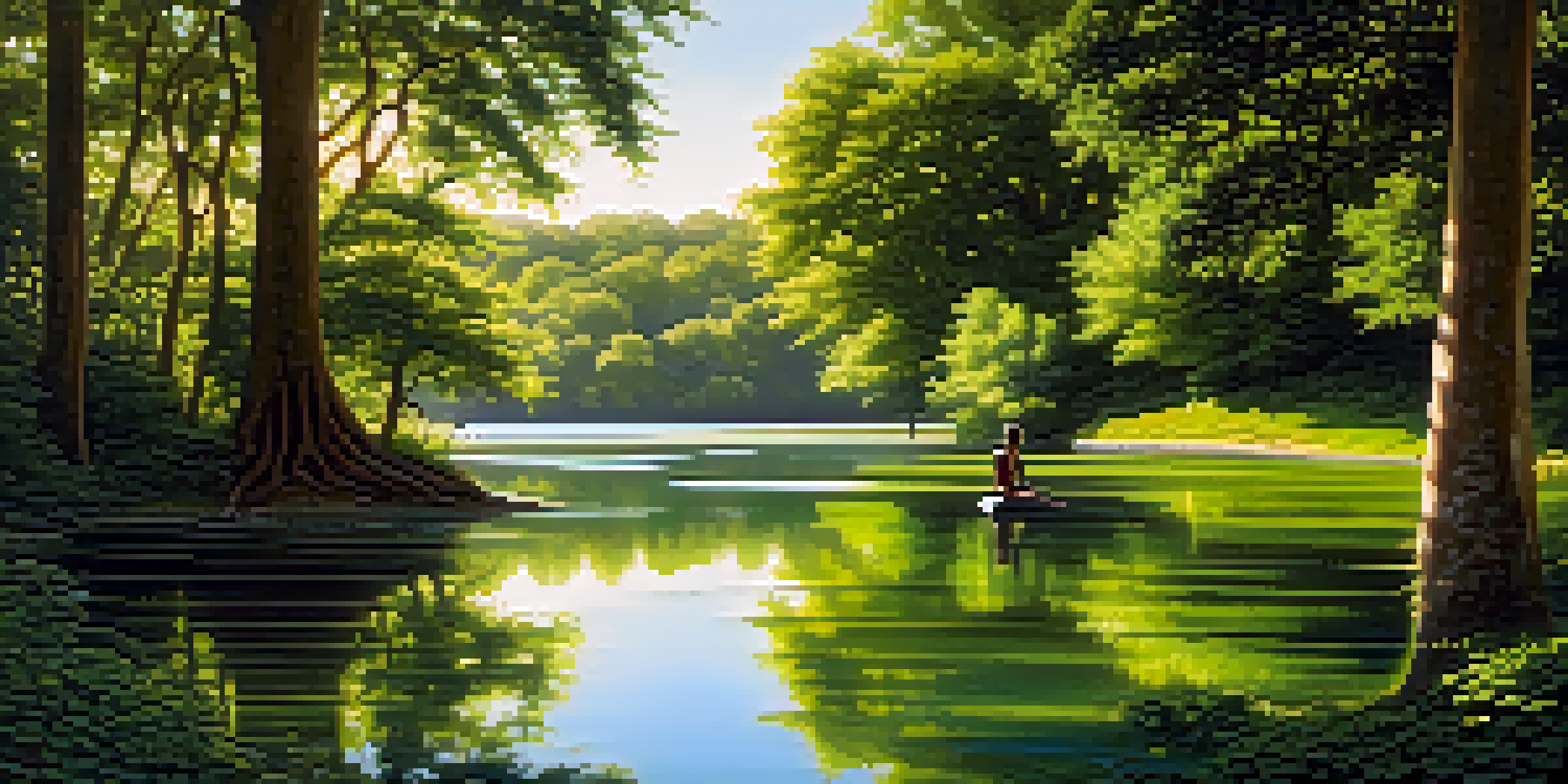 A traveler meditating by a tranquil lake, surrounded by greenery and soft sunlight.