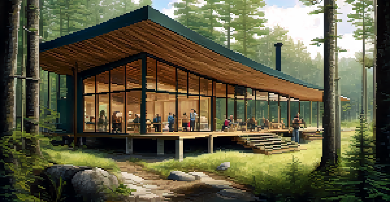 An eco-lodge surrounded by trees, with tourists participating in a wildlife conservation workshop.