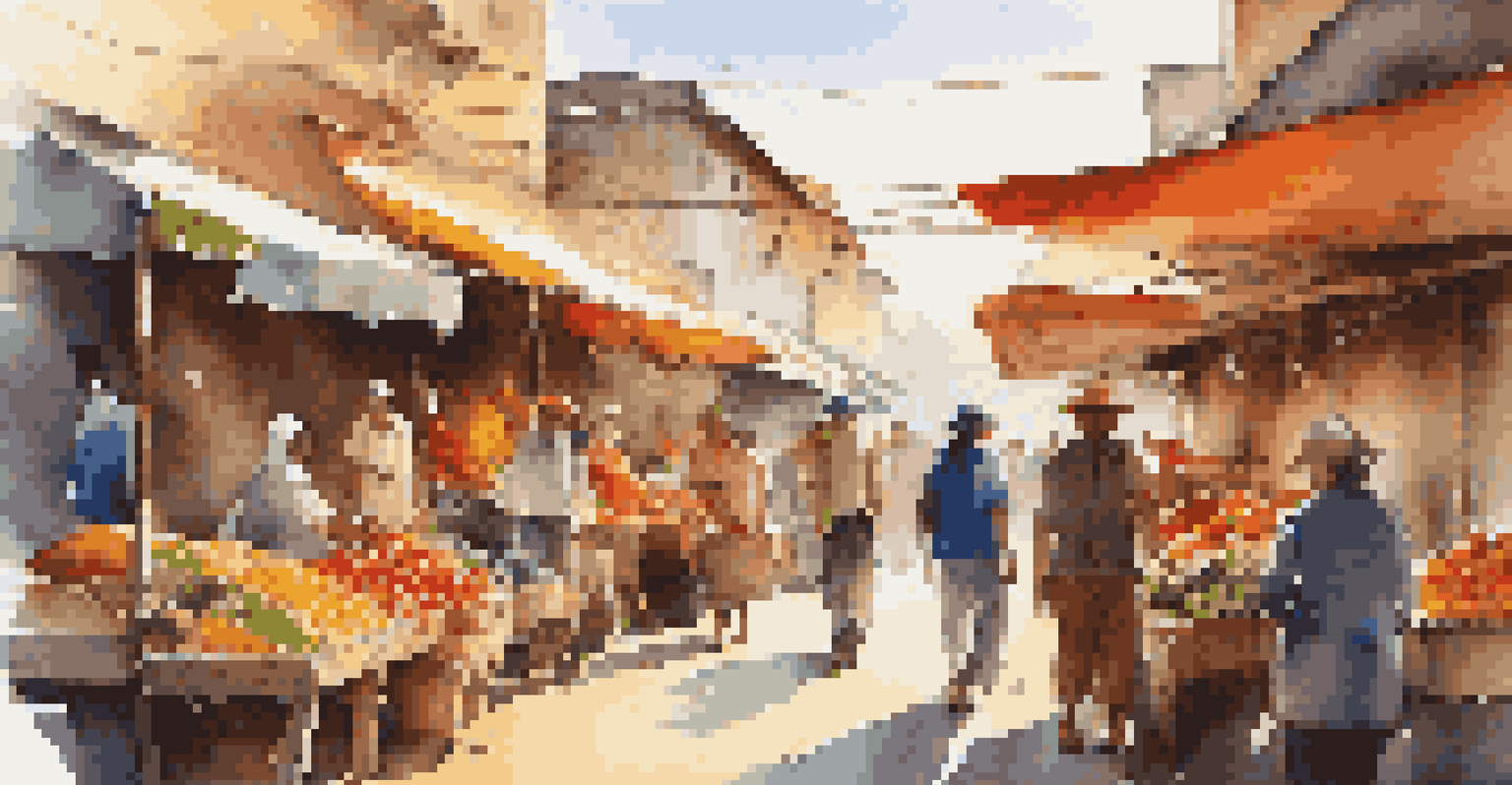 Travelers enjoying a vibrant local market filled with colorful stalls and fresh produce, under warm sunlight.