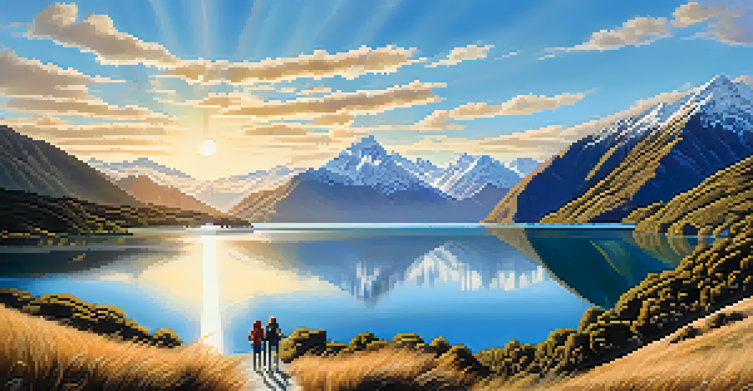 A scenic hiking trail in New Zealand's South Island, with mountains and a lake, and a family enjoying the outdoors.