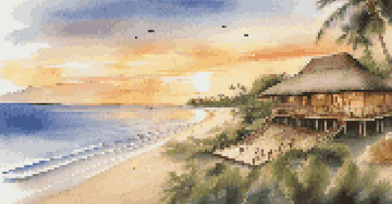 A beachfront eco-lodge with thatched roofs and palm trees, set against a beautiful sunset with people practicing yoga.