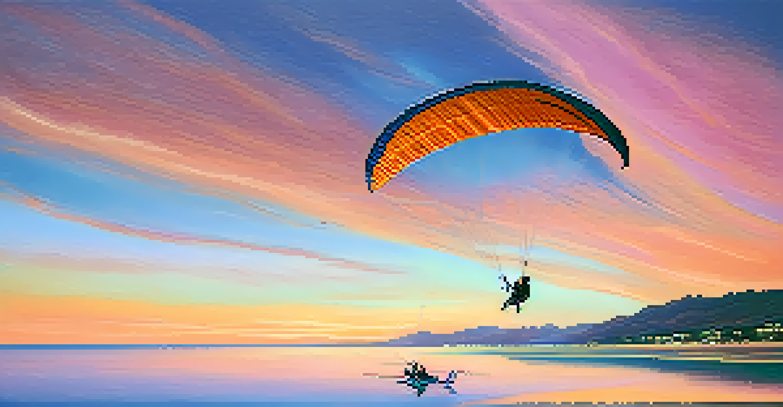 Two people enjoying tandem paragliding over a coastline at sunset with vibrant colors in the sky.