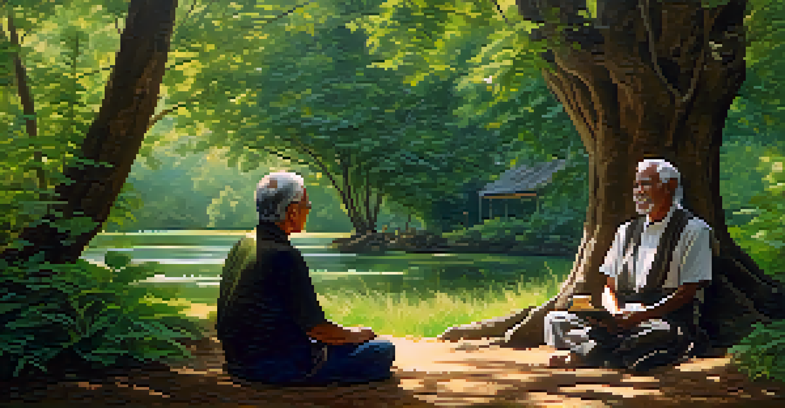 A traveler listening attentively to a local elder sharing stories in a peaceful outdoor setting, highlighting the importance of active listening.