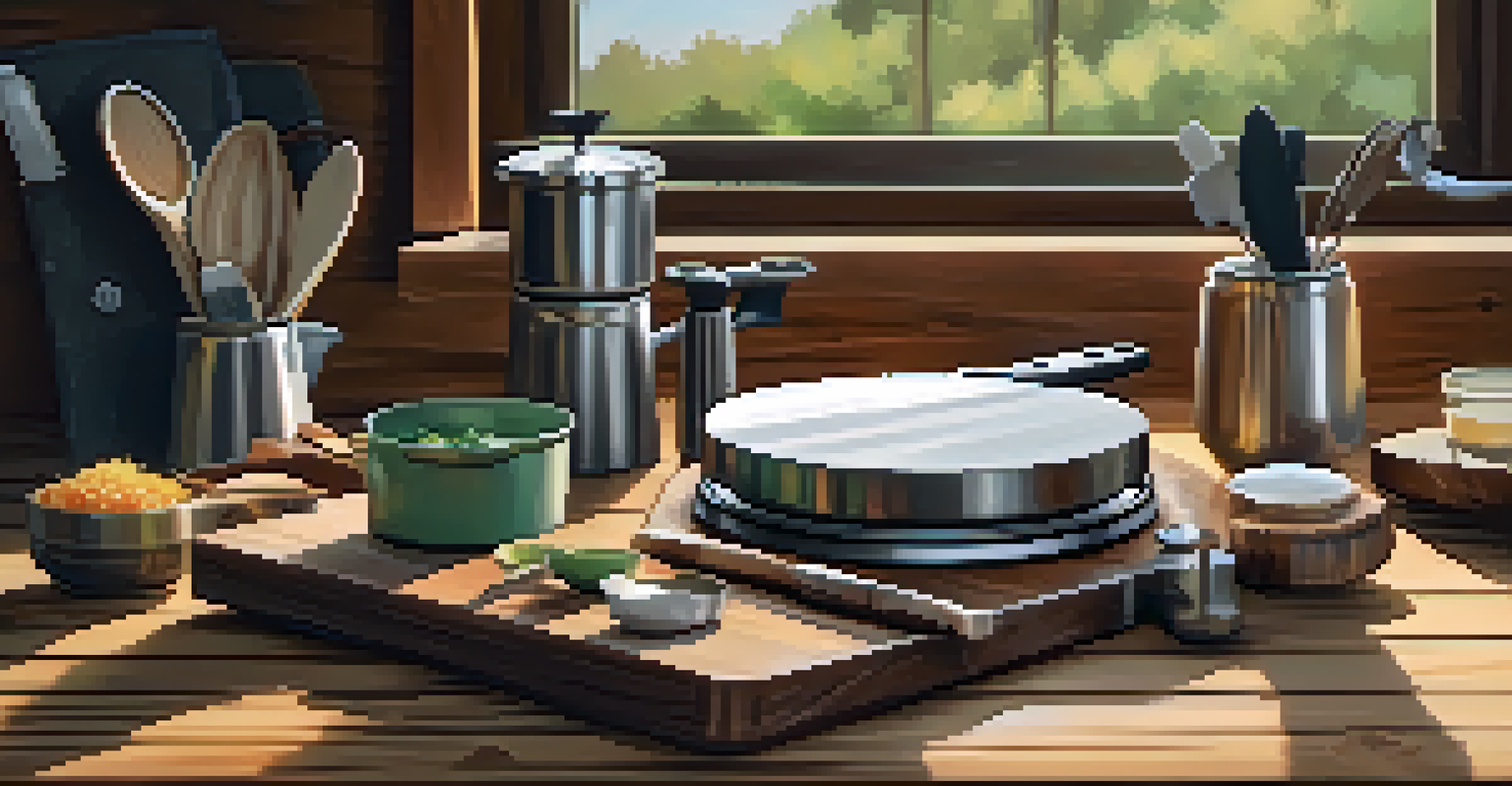 A travel kitchen setup with cooking tools on a rustic wooden table, illuminated by natural sunlight.