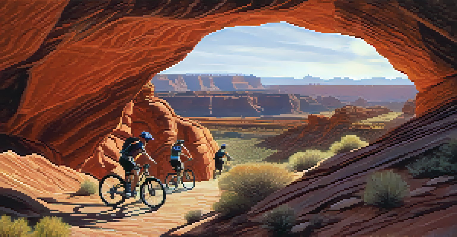 Mountain bikers riding on the Slickrock Bike Trail in Moab, Utah, with red rock formations around them.
