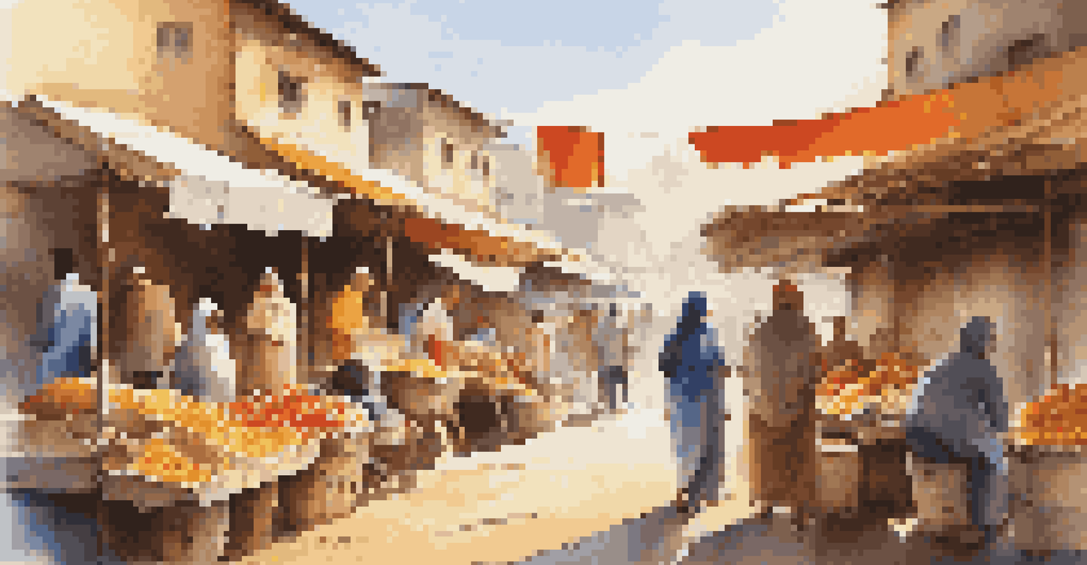 A vibrant local market in a disaster-affected area with colorful stalls, fresh produce, and handmade crafts, bustling with locals and illuminated by warm afternoon sunlight.
