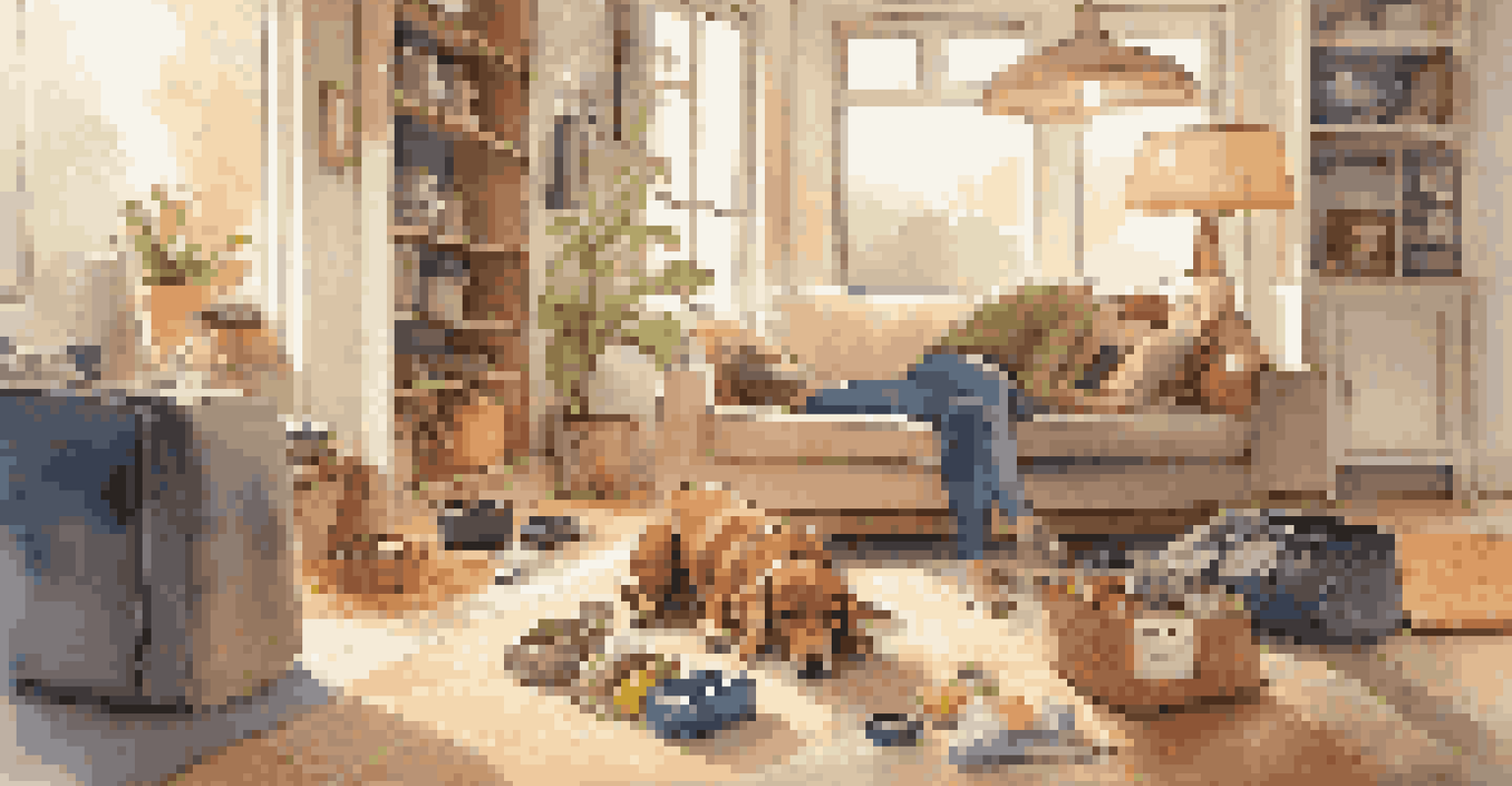 A pet owner organizing travel essentials for their dog on a living room floor, with sunlight streaming through a window.