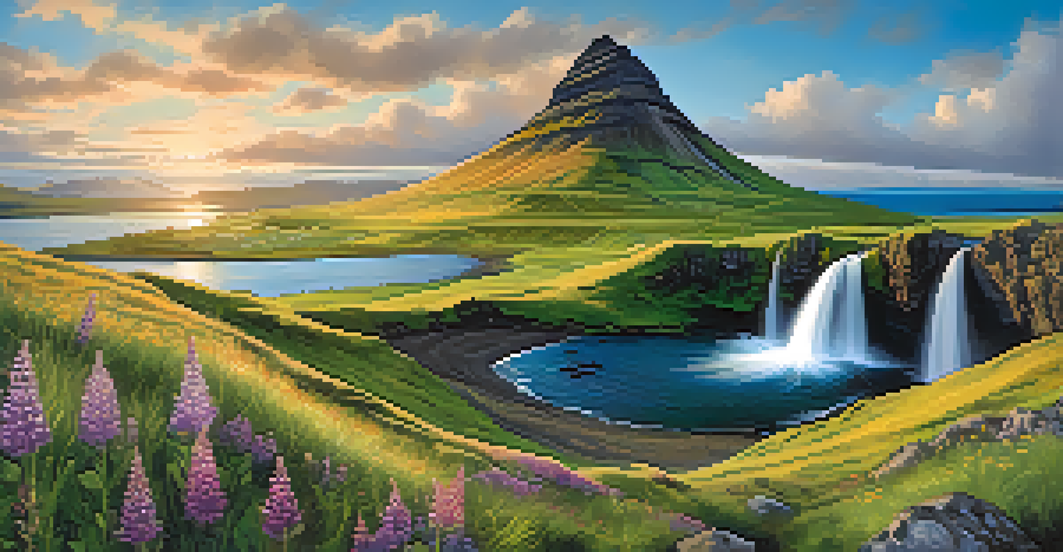 A panoramic landscape of Kirkjufell mountain with a waterfall and colorful wildflowers, under a bright blue sky with clouds.