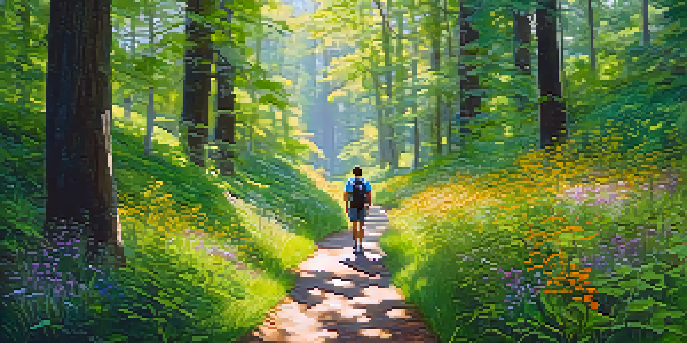 A traveler walking along a winding path in a lush green forest with sunlight filtering through the trees.