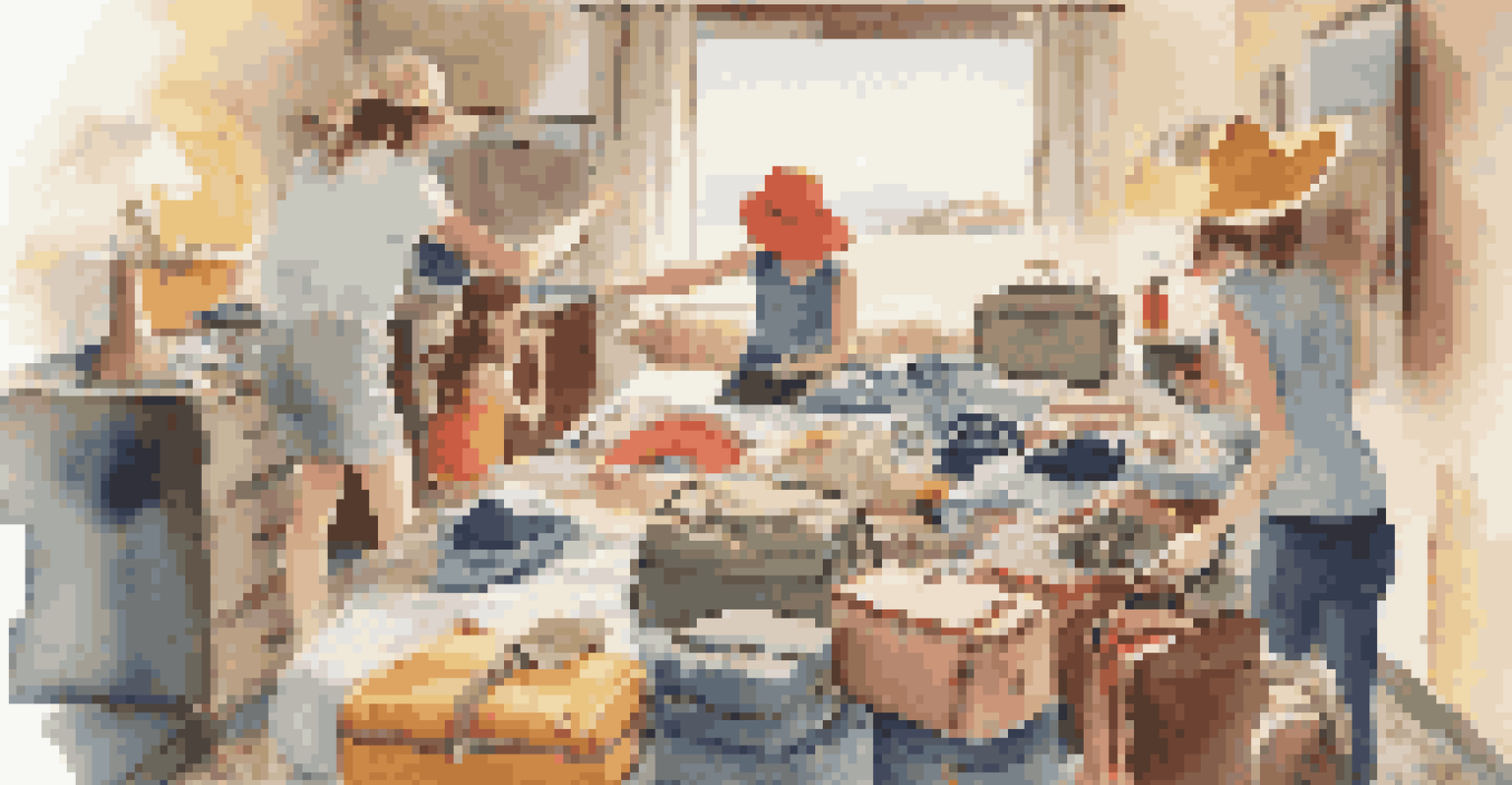 A family packing for a vacation with colorful packing cubes and travel essentials on a bed.