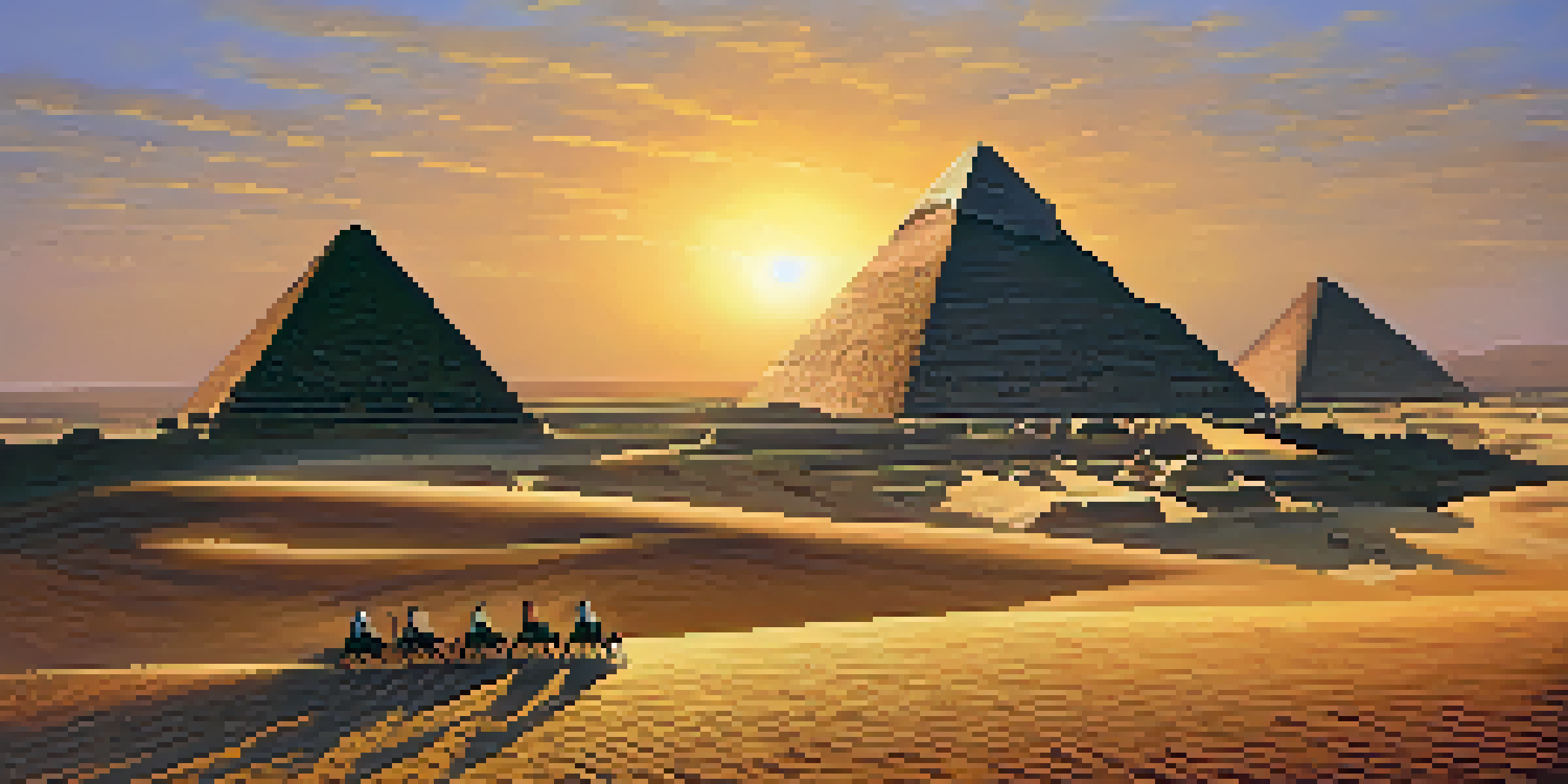 A scenic sunrise view of the Pyramids of Giza, highlighting the Great Pyramid of Khufu amidst a desert landscape.