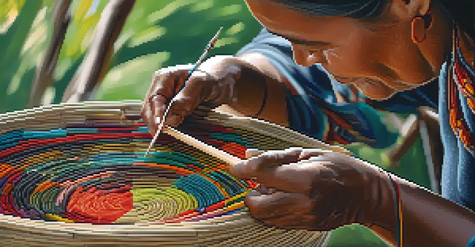 An Indigenous artist weaving a traditional basket, showcasing their hands at work with natural fibers and colorful materials in a serene outdoor setting.