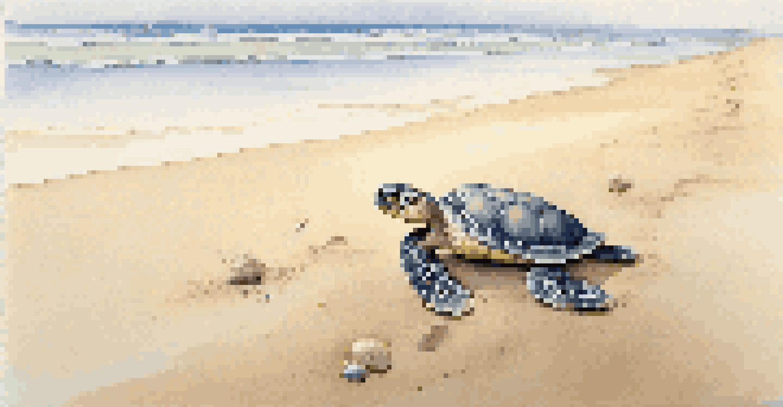 A sea turtle hatchling crawling on sandy beach towards the ocean, with soft morning light and gentle waves in the background.