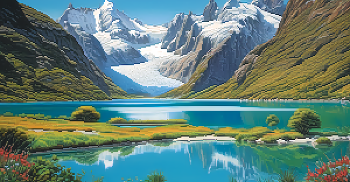 A tranquil view of the Aysén Region in Chile with turquoise lakes and snow-capped mountains.