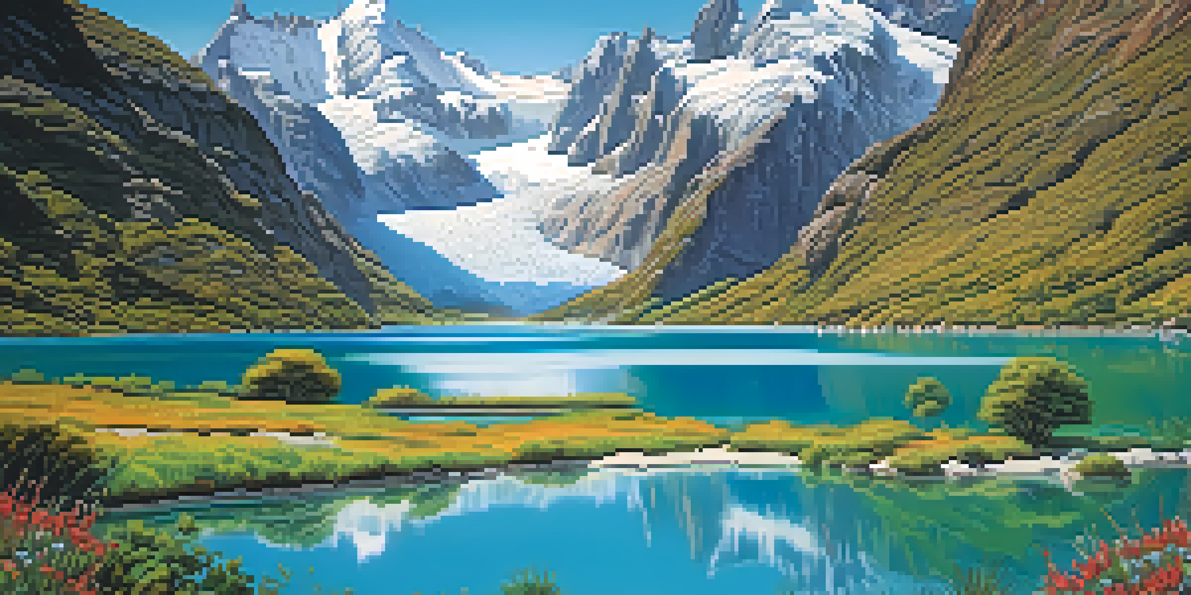 A tranquil view of the Aysén Region in Chile with turquoise lakes and snow-capped mountains.