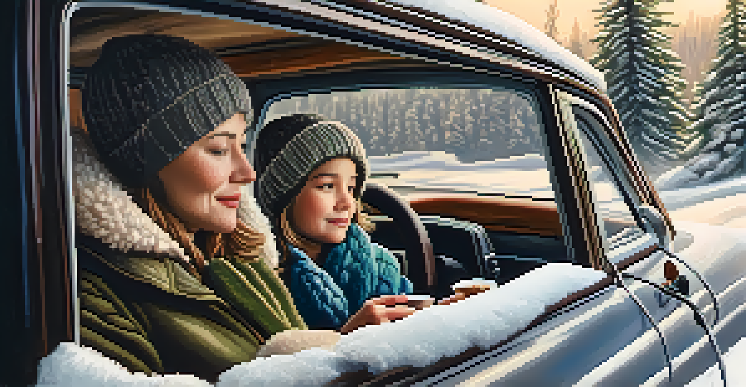 A family inside a warm car during a winter road trip, with a snowy landscape outside and one member holding a cup of hot cocoa, showcasing a cozy atmosphere.