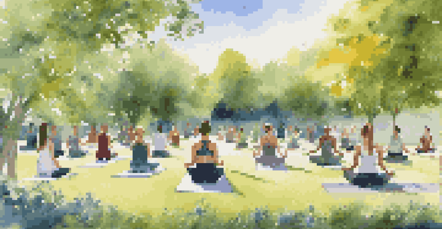 A group of individuals practicing yoga in a beautiful park, surrounded by vibrant nature and a clear blue sky, showcasing unity and wellness.