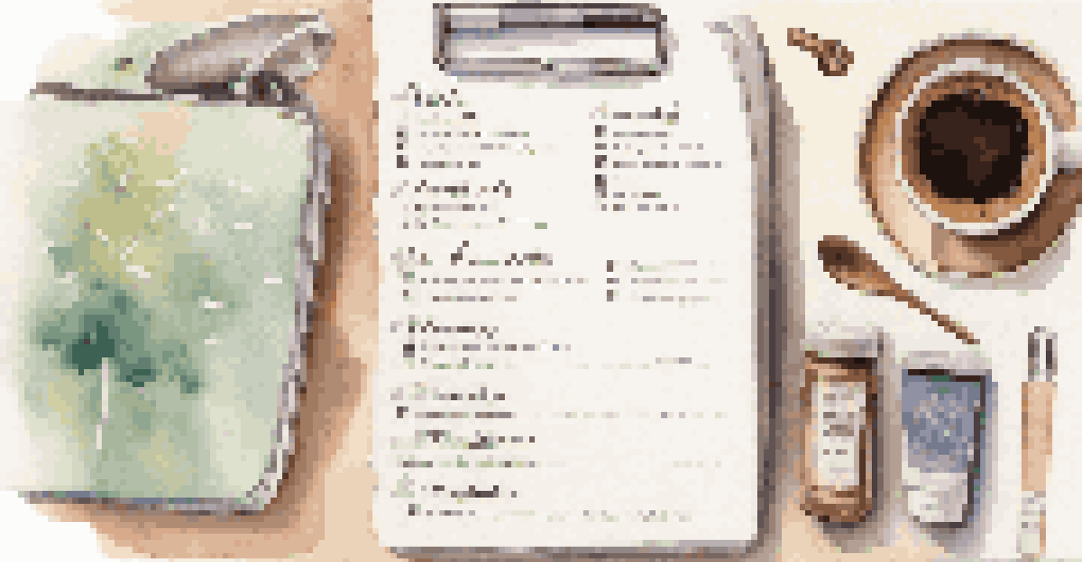 A handwritten travel packing list on a notepad with categories, surrounded by a coffee cup and a travel guide in a cozy setting.