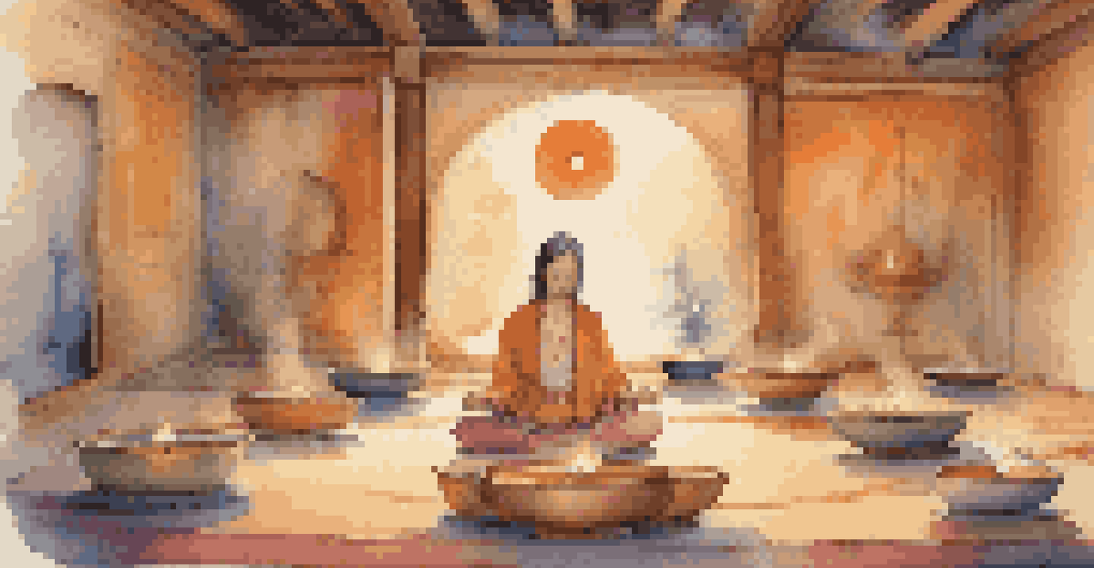 A tranquil meditation space filled with singing bowls, cushions, and candlelight with a person meditating.