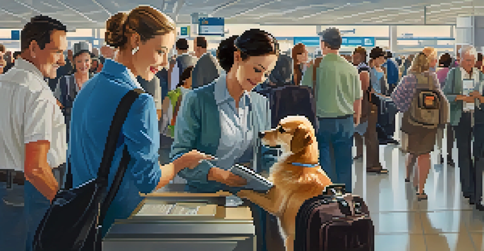 A pet owner checking in at the airport with a small dog in a carrier, with airline staff helping.