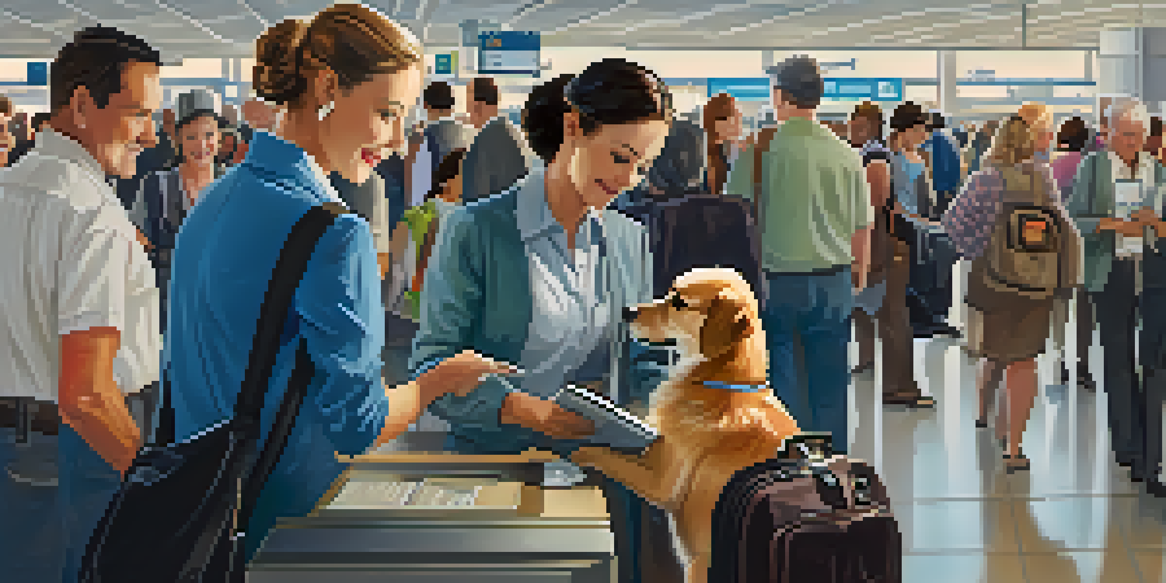 A pet owner checking in at the airport with a small dog in a carrier, with airline staff helping.