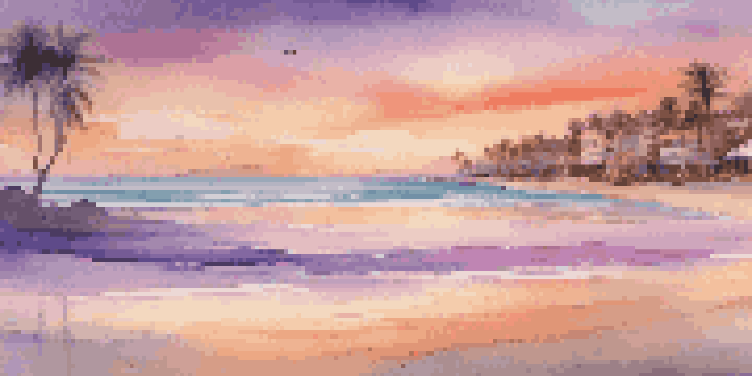 A peaceful beach scene at sunset with soft waves, palm trees, and a yoga mat on the sand.