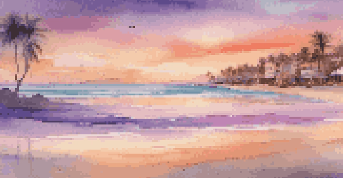 A peaceful beach scene at sunset with soft waves, palm trees, and a yoga mat on the sand.