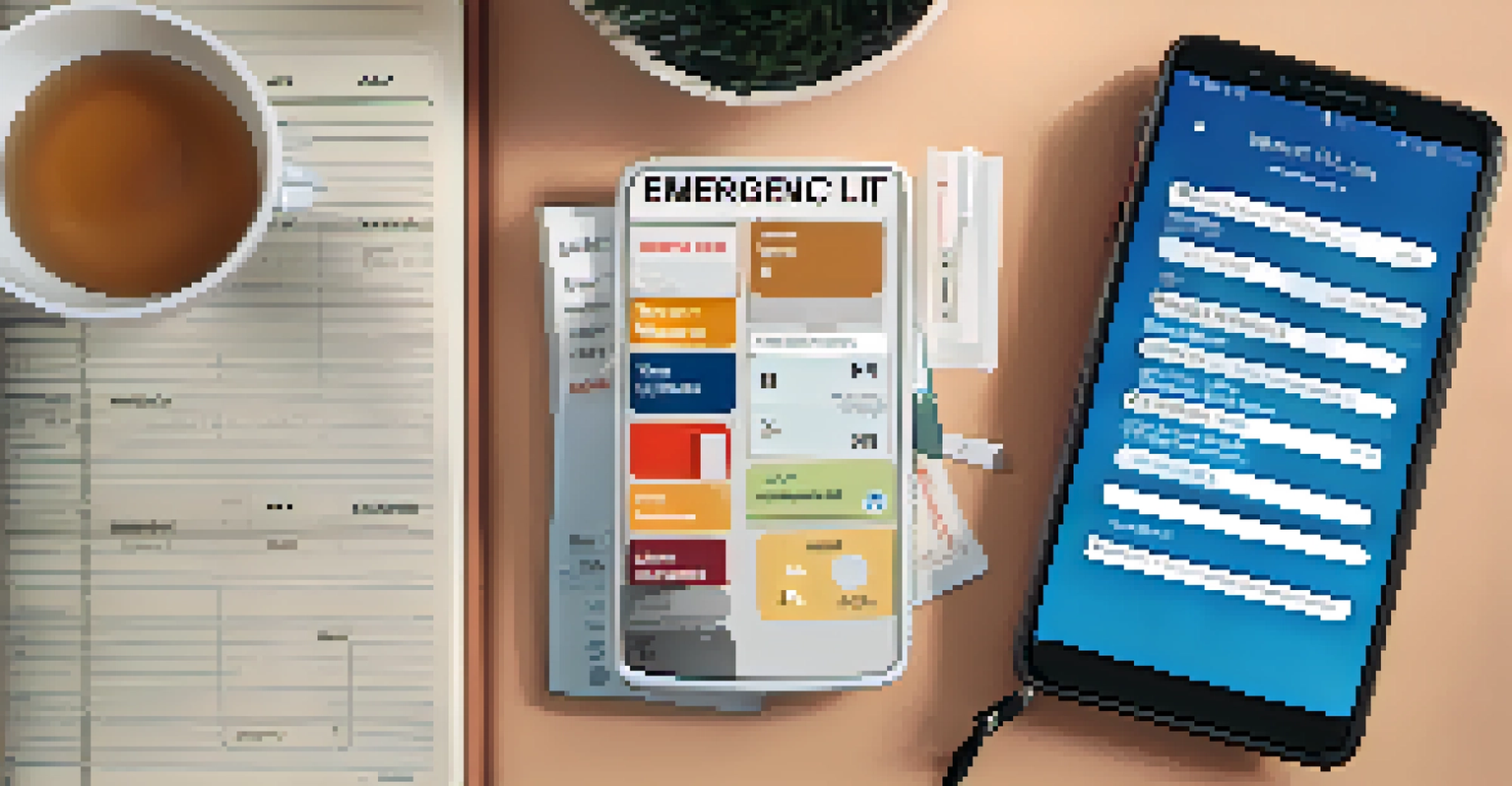 A smartphone displaying an organized emergency contact list, with travel essentials in the background.
