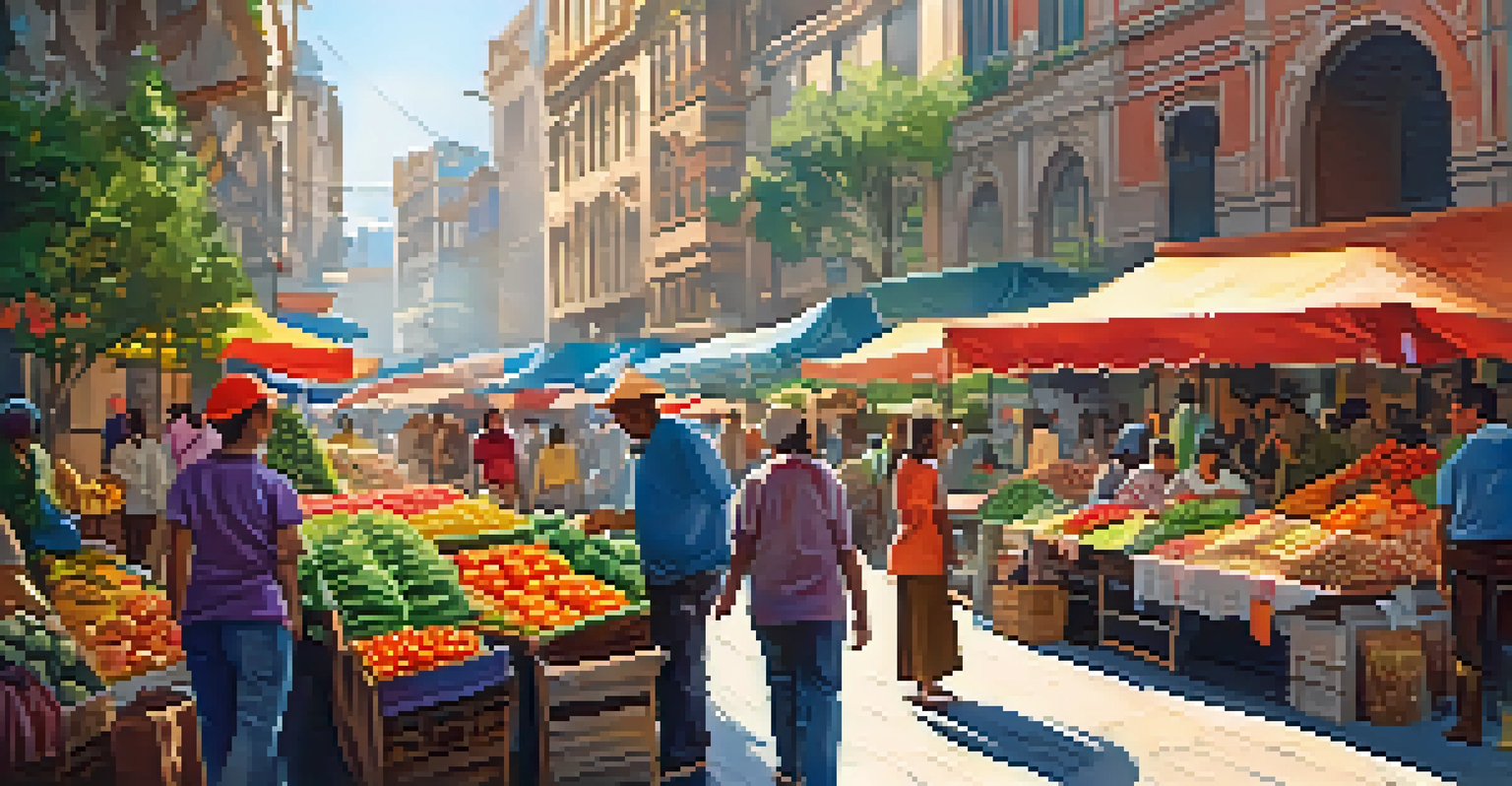A bustling street market filled with colorful stalls, fresh produce, and people interacting under warm sunlight.