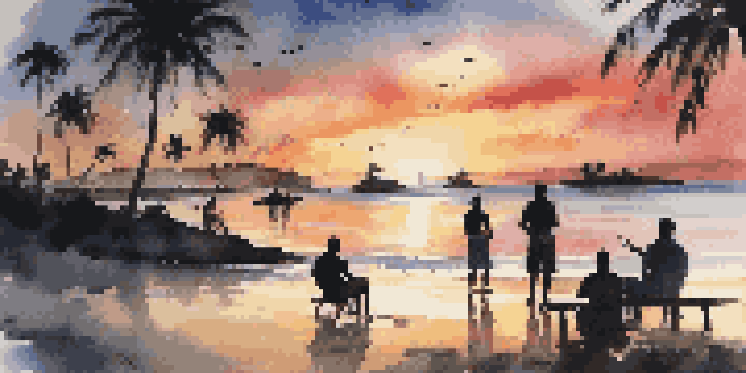 A picturesque sunset at a tropical beach with palm trees, a bonfire, and friends enjoying the view.