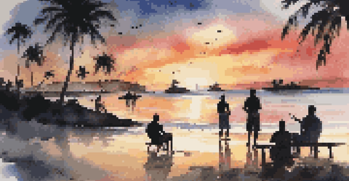 A picturesque sunset at a tropical beach with palm trees, a bonfire, and friends enjoying the view.