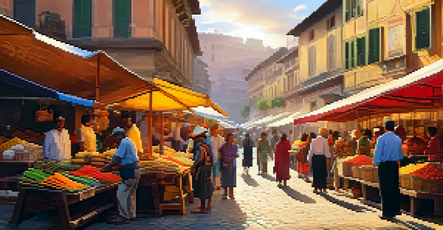 A bustling local market with colorful stalls, tourists interacting with locals, and historic buildings in the background.