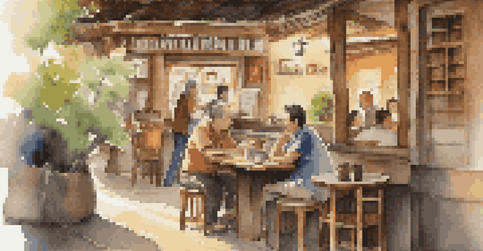 A cozy café where a local teaches a traveler basic language phrases, surrounded by warm lighting and cultural decor.