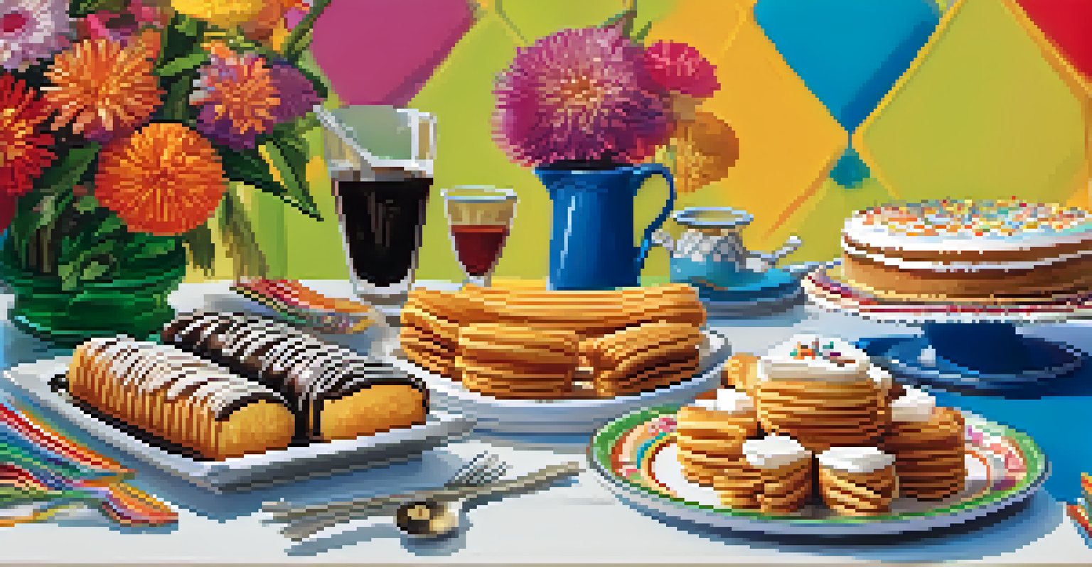 A table displaying traditional Mexican desserts, including churros and tres leches cake, arranged with colorful tableware and fresh flowers.