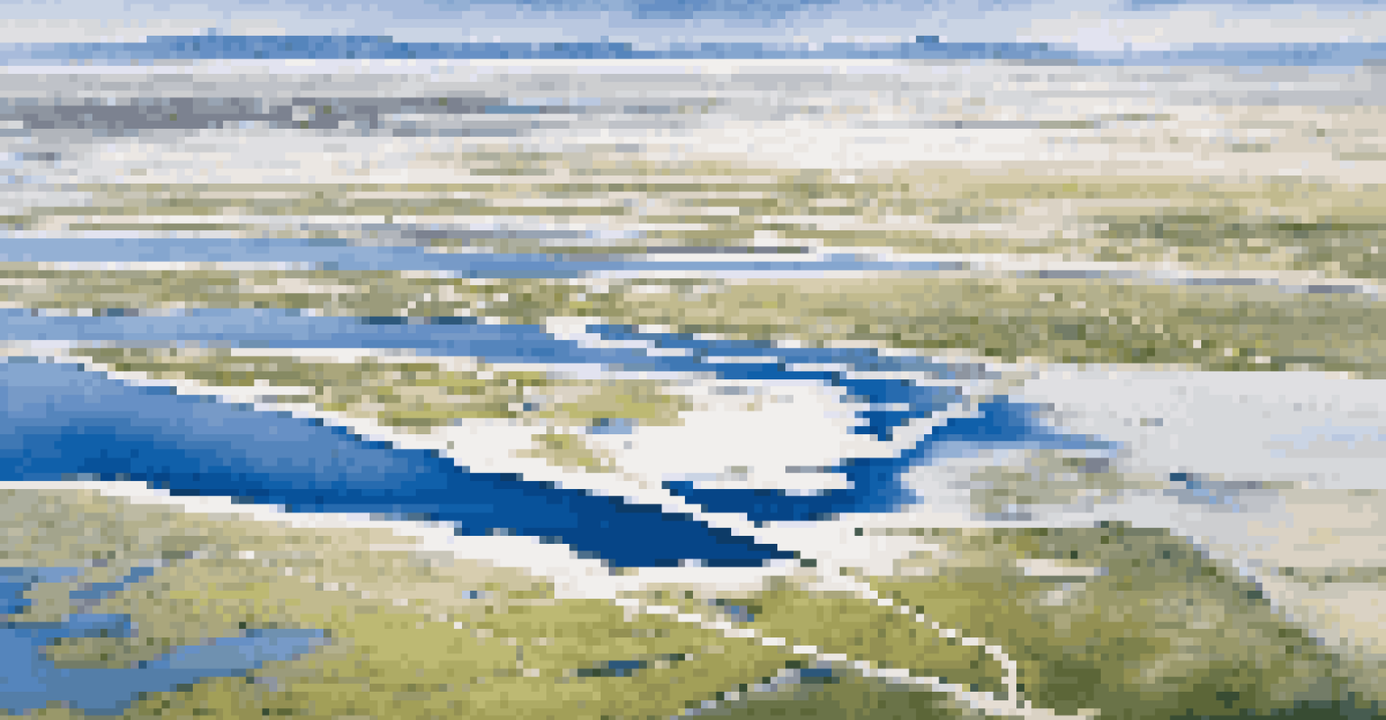 An aerial perspective of Lake Ayre, highlighting the shimmering salt flats and vibrant wetlands filled with birdlife.