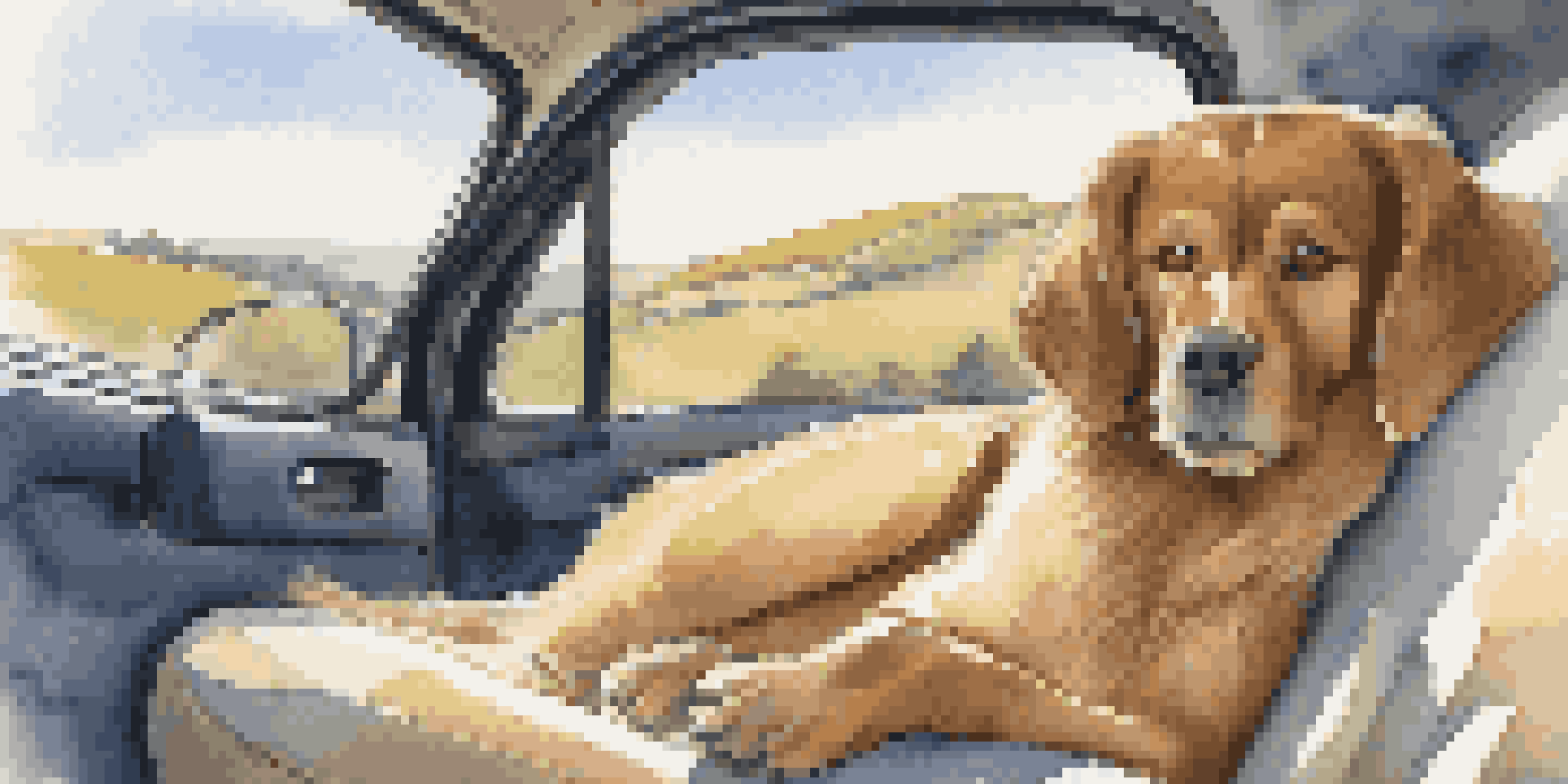 A calm dog resting in a travel carrier in a car, with rolling hills visible through the window.
