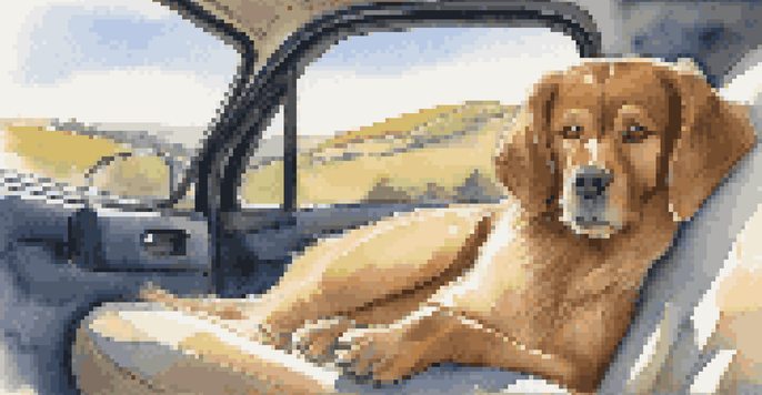 A calm dog resting in a travel carrier in a car, with rolling hills visible through the window.