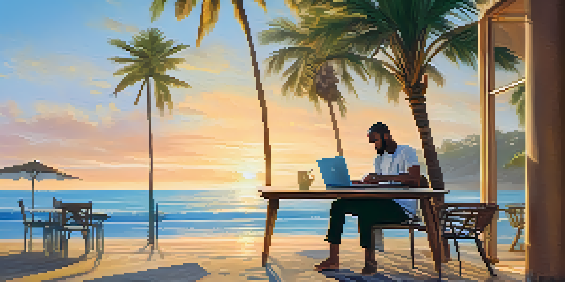 A person working on a laptop at a café by the beach with palm trees and sunrise.